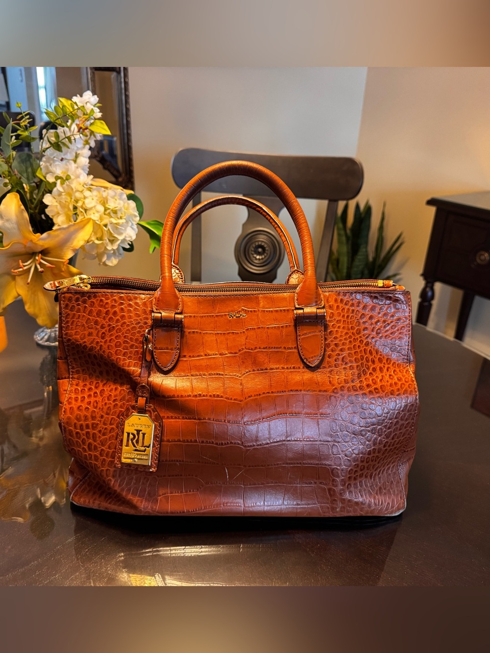 Ralph Lauren Genuine Leather Crocodile-Embossed Satchel  Description